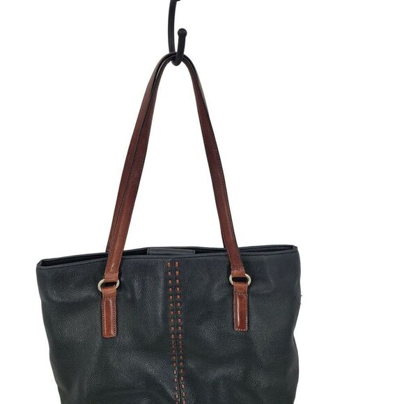 Fossil Black Genuine Leather Tote Bag Pebble Brown Embroidery Western City Med - Picture 6 of 12